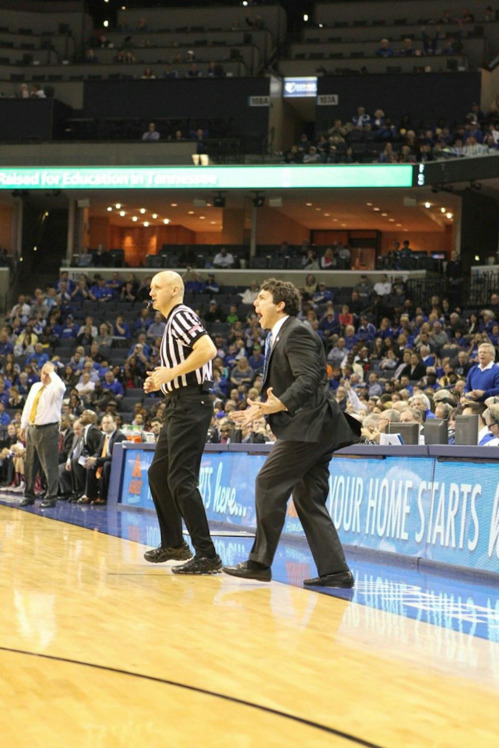 <p>Memphis coach Josh Pastner shows emotion during the Memphis vs. Temple game on Feb. 7. The Tigers would lose 62-61 on a game winner from Temple’s Josh Brown. Photo by David Minkin.&nbsp;</p>