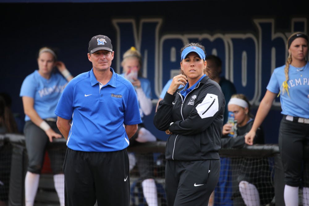 <p>Coach Poole evaluates the game with associate head coach Andy Lott. Poole is entering her sixth season as a Tiger after three seasons at McNeese State.</p>