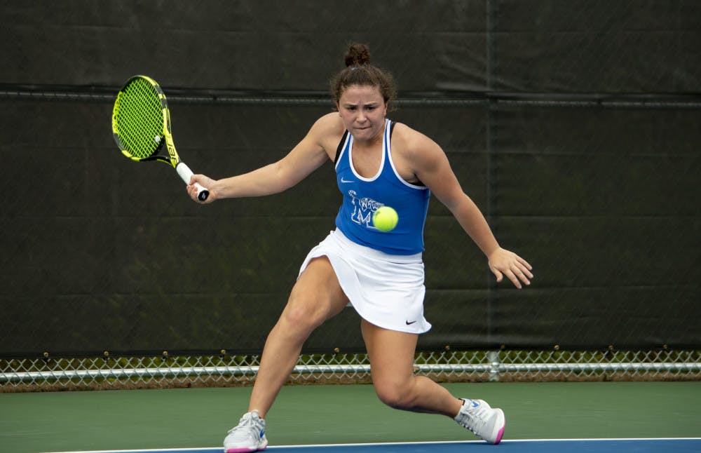 <p>Monique Woog focusing on the ball. The freshman from Lakeland, Tenn. won both of her matches on the doubleheader, and clinched the 4-1 win against Lipscomb.</p>