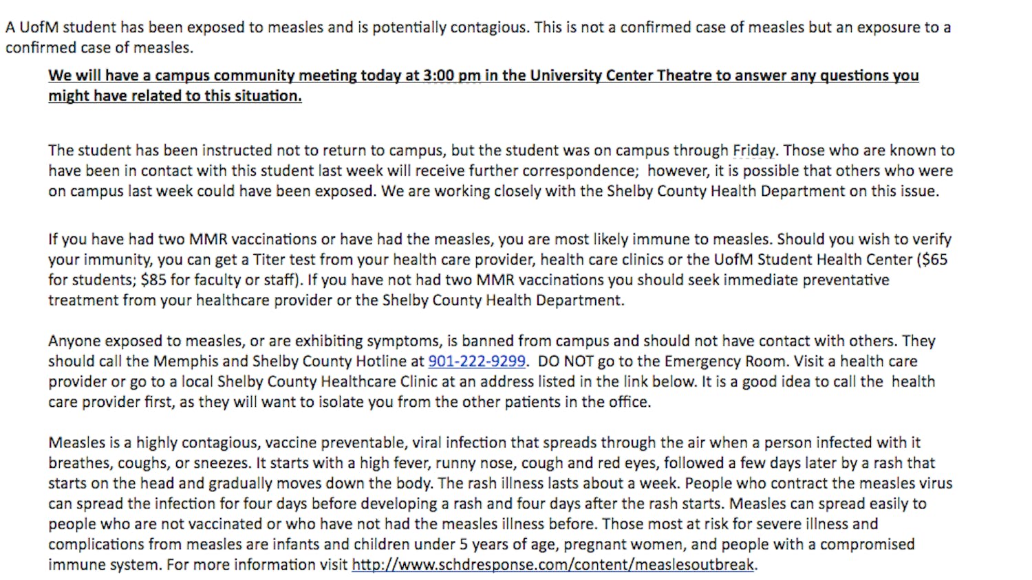 Rosie Bingham email about measles exposed student