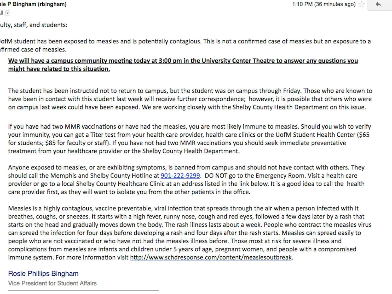Rosie Bingham email about measles exposed student