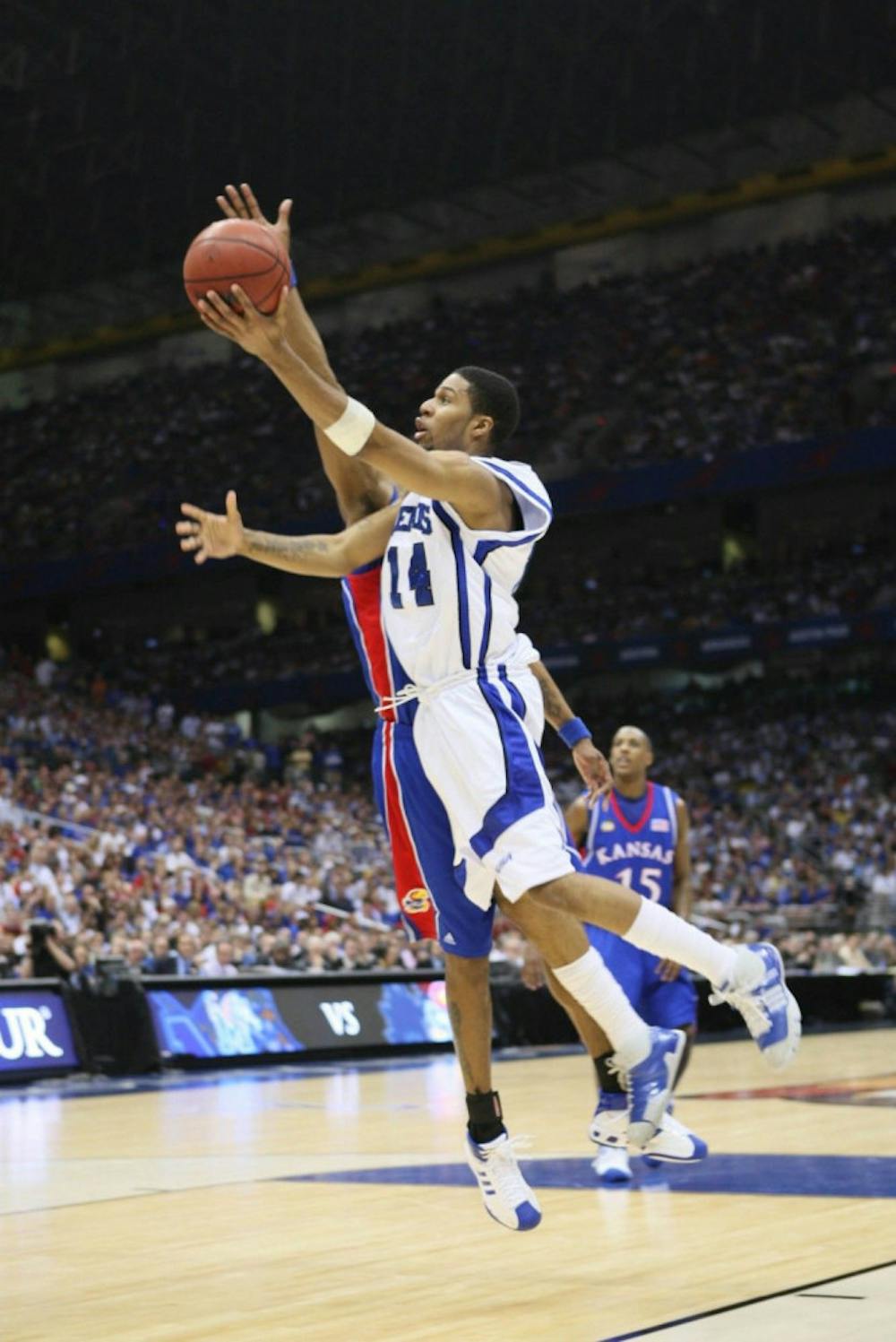 <p>Former Tiger Chris Douglas-Roberts goes up for the layup in the 2008 NCAA Championship Game. He scored a team high 22 points in the loss. Photo by David Minkin</p>