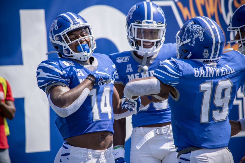 <p>Antonio Gibson celebrates with teammates after his touchdown. The Tigers defeated the Southern University Jaguars 55-24</p>