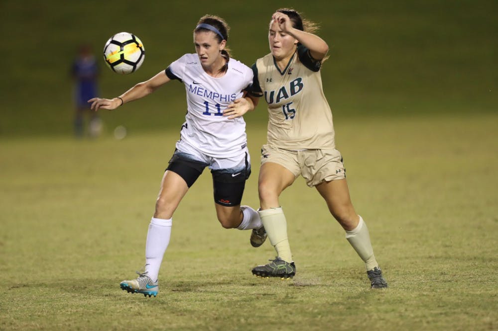 <p>Sydney Kingston battles an opponent for the ball in a match against UAB. She is part of the Tiger defense that has allowed one goal in five games.</p>