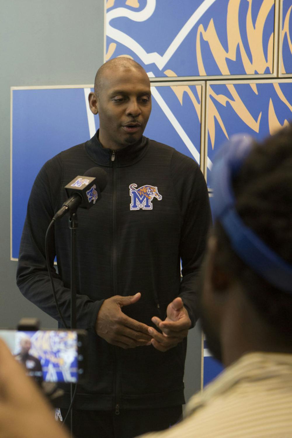 <p>Penny Hardaway talks to a group of reporters about his 2018 signing class. Hardaway's 2018 class is currently top-35 in the nation.</p>