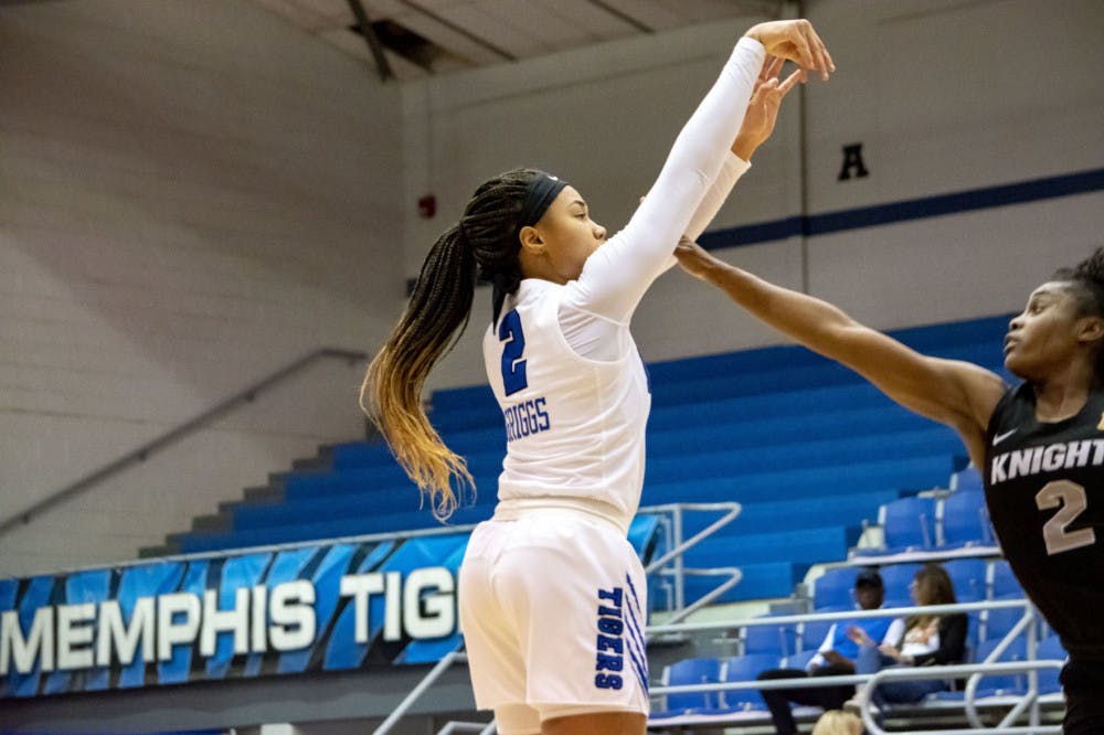 <p>Madison Griggs shooting a three in the final home game of the season for Memphis on Feb. 29, 2020 against UCF. Griggs ended the game breaking the record for most three-pointers made by a freshman with 80.&nbsp;</p>