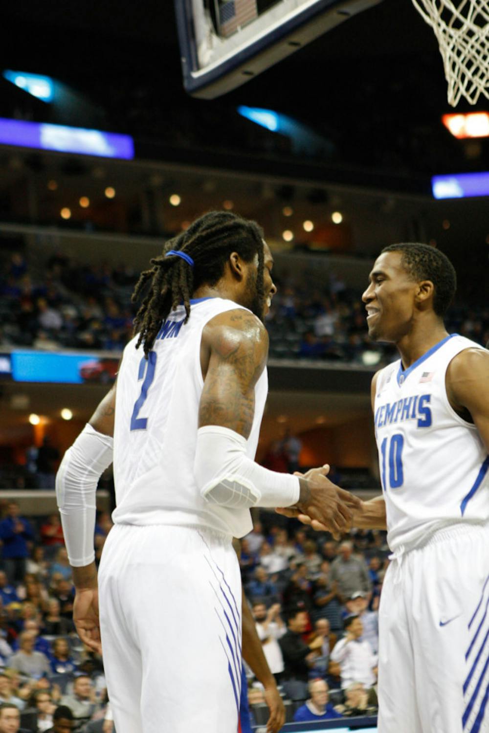 <p>Memphis senior forward Shaq Goodwin (left) led the way for the Tigers with 18 points and 12 rebounds in its 94-68 win over Louisiana Tech Tuesday night.&nbsp;</p>