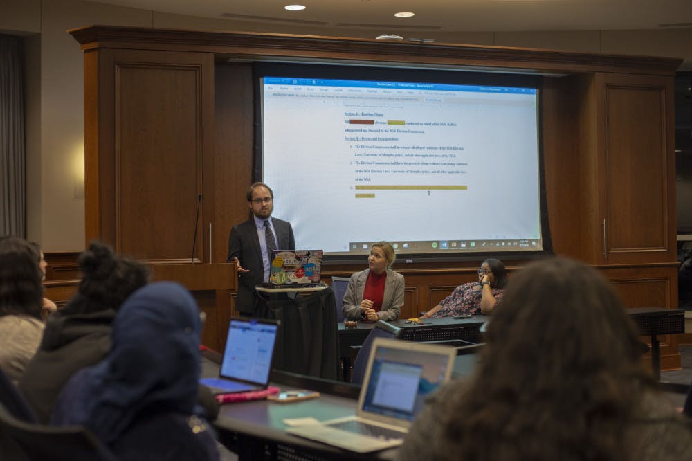 <p>Ian McCord, the Chief Justice for the Student Government Association, speaks at a meeting on Thursday night. SGA plans to make several changes around campus, including a mental-health addition to the syllabi.</p>