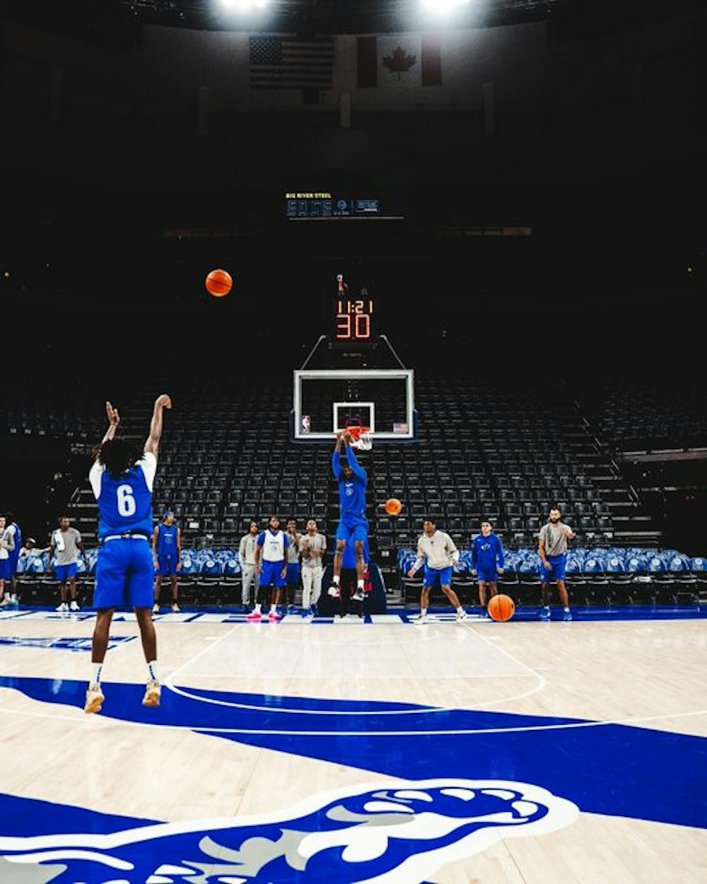 Baraka Okojie shoots a three-pointer in Memphis practice before their game against Ohio.