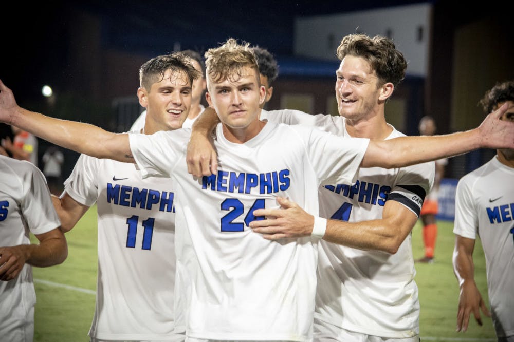 <p>Sam Ashton (24) celebrates a goal alongside his teammates during a match against Campbell in a season opener 4-0 win. The last time the Tigers won their first game of the year was back in 2016.</p>