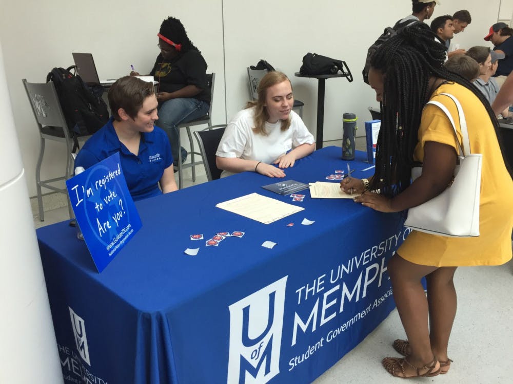 <p>19-year-old pre-nursing major Taylor Carr visits SGA’s voter registration</p>
<p>table on Monday. The U.S. Department of Commerce reported that only</p>
<p>34 percent of millennials voted in the 2012 election.</p>