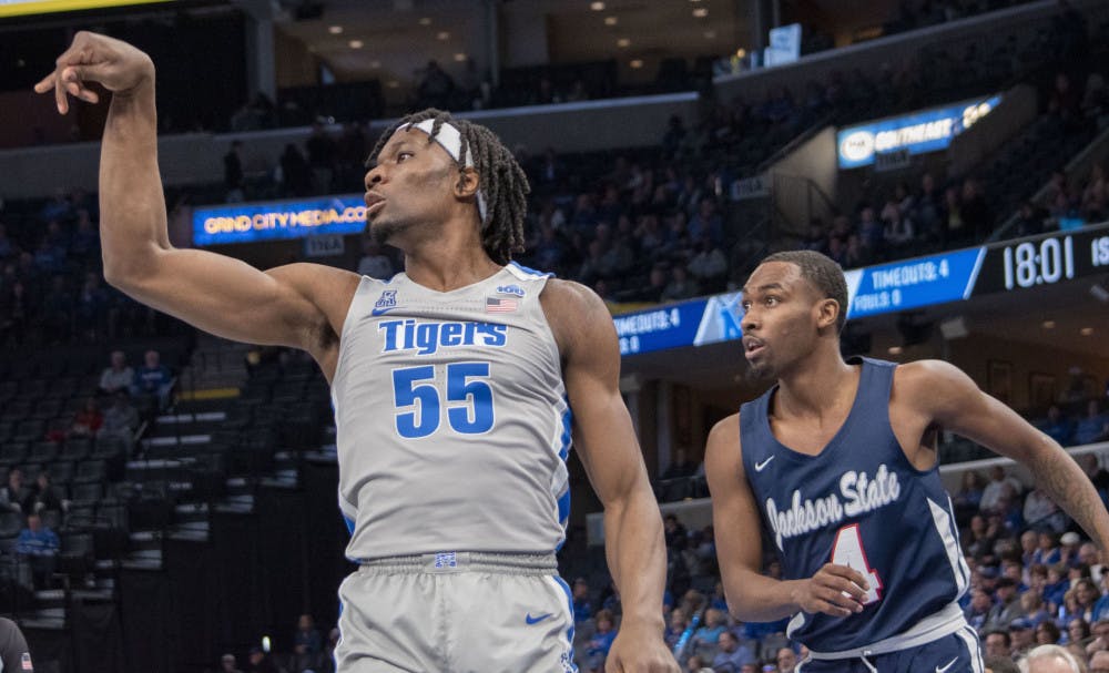 <p>Precious Achiuwa holds his form after knocking down a three. The Memphis Tigers defeated Jackson State 77-49 Saturday afternoon.&nbsp;</p>