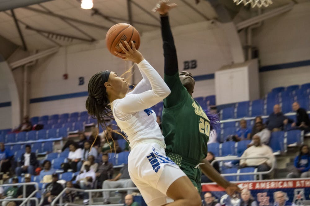 <p>Madison Griggs going for a contest bucket in the paint. The Memphis Tigers face UCF Saturday afternoon in their last home contest of the regular season.&nbsp;</p>
