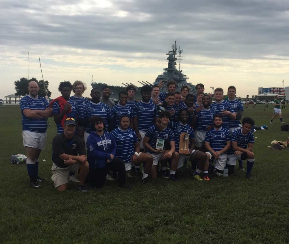 <p class="p1"><span class="s1">The University of Memphis’ rugby team poses after winning the Battleship Rugby Invitational Tournament. The team went undefeated, winning four straight games throughout the tournament.</span></p>