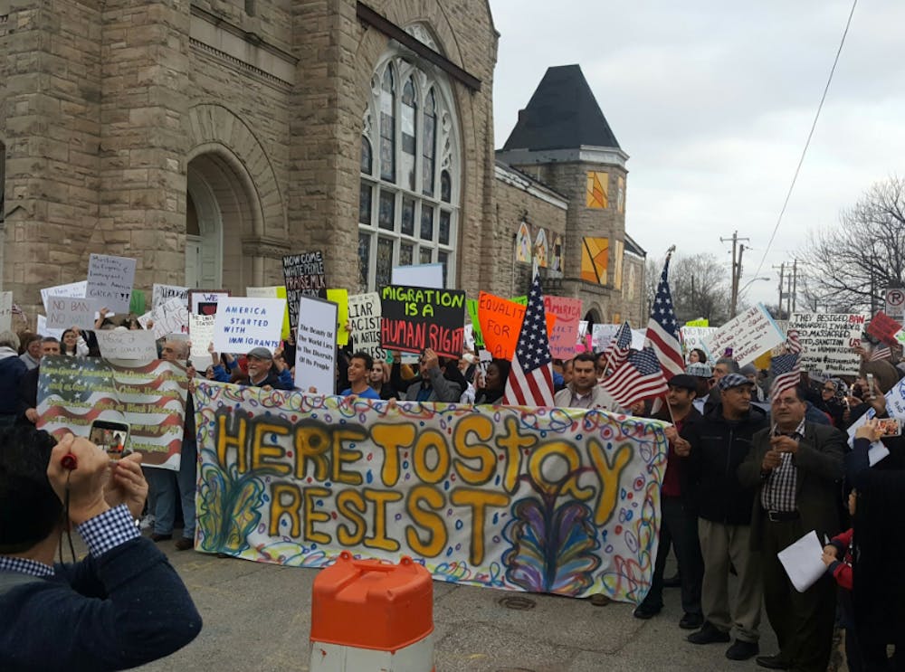 <p>Marchers gather in front of the Clayborn Temple downtown.</p>