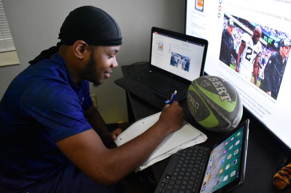 <p>Freshman Ryan Coleman studies hard balancing school work with being a student athlete on the University of Memphis rugby team. "Have fun while you’re at it, but stay focused on the brighter picture because you’re here at school for your education and your future," Coleman said.</p>