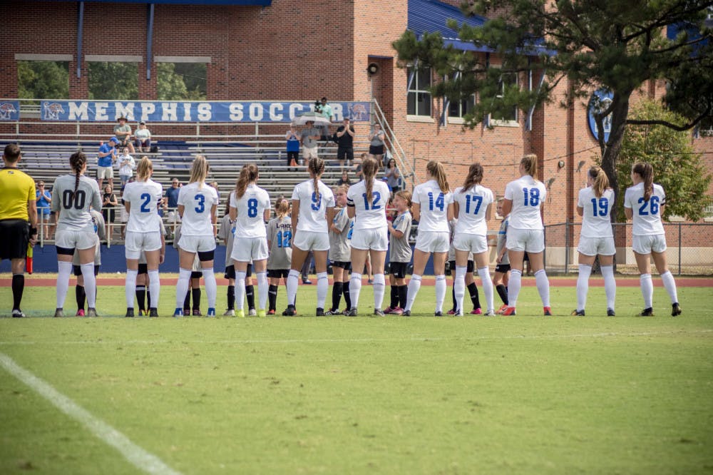<p>The Memphis Women's Soccer team during team introductions. The Tigers are ranked No. 8 in the nation in both the United Soccer Coaches Poll and Top Drawer Soccer.&nbsp;</p>