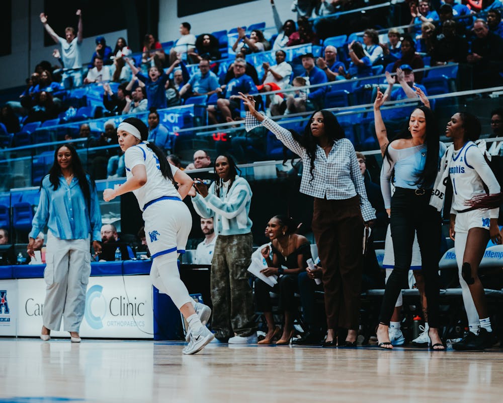 The Memphis bench celebrates an Elauna Eaton three in the Tigers 73-60 win over FAU at Elma Roane Fieldhouse on February 8, 2025.