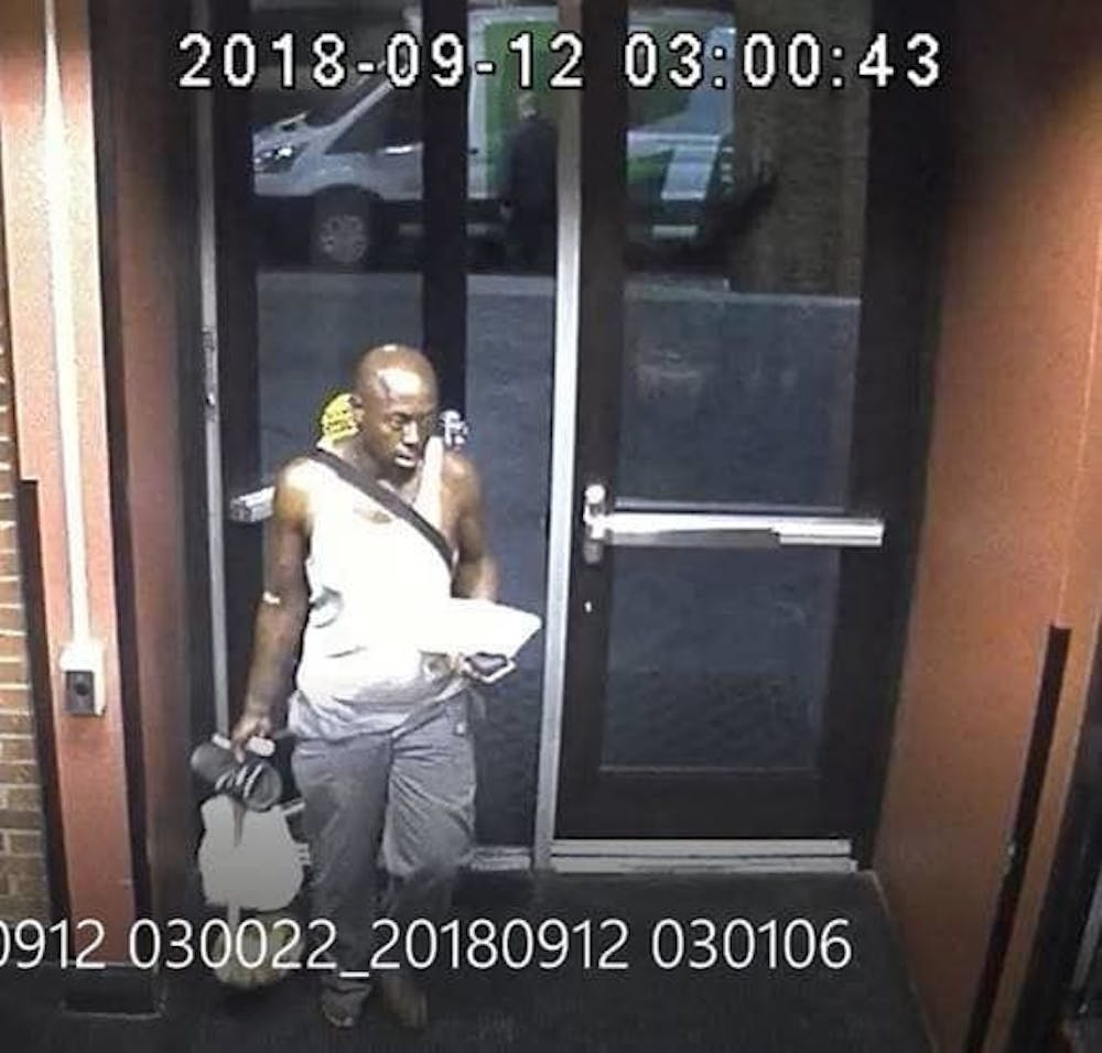 <p>A still image from the U of M Holiday Inn's surveillance camera shows the suspect involved with stealing the hotel's van around Sept. 12.&nbsp;</p>