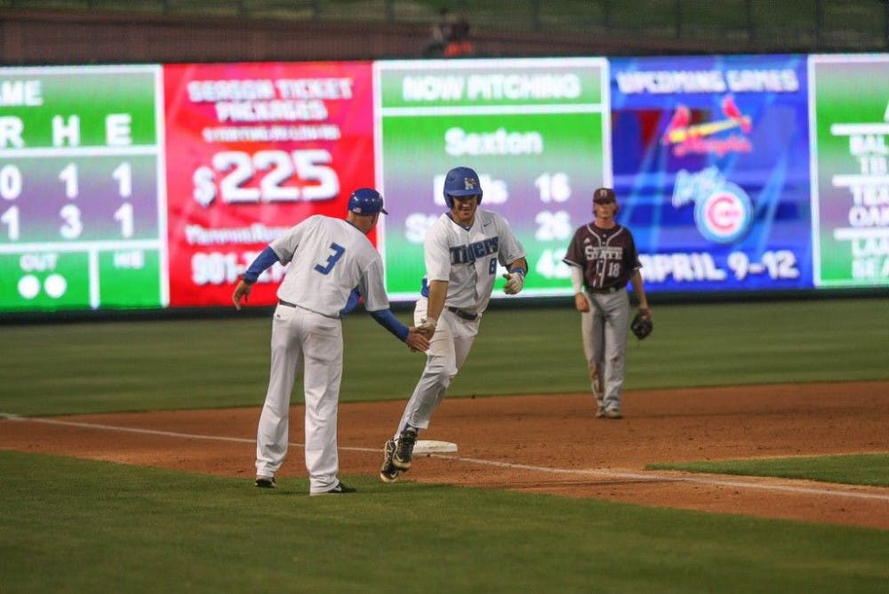 <p>Memphis Tigers senior first baseman Tucker Tubbs rounds the bases in the 7-1 victory over the Mississippi State Bulldogs on April 7 at AutoZone Park. Tubbs leads the Tigers with nine home runs this season. Photo by David Minkin&nbsp;</p>