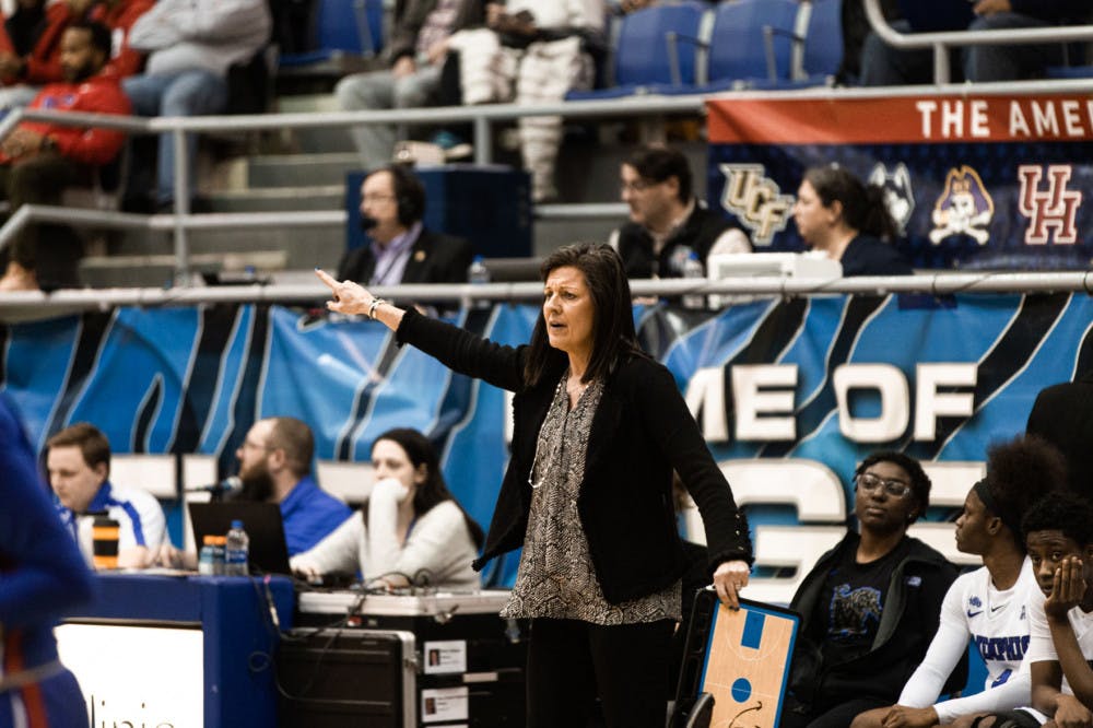 <p>Melissa McFerrin instructing players to their positions before the ball is inbounded. McFerrin and the Tigers enter the AAC Tournament as the 11th seed this weekend.</p>