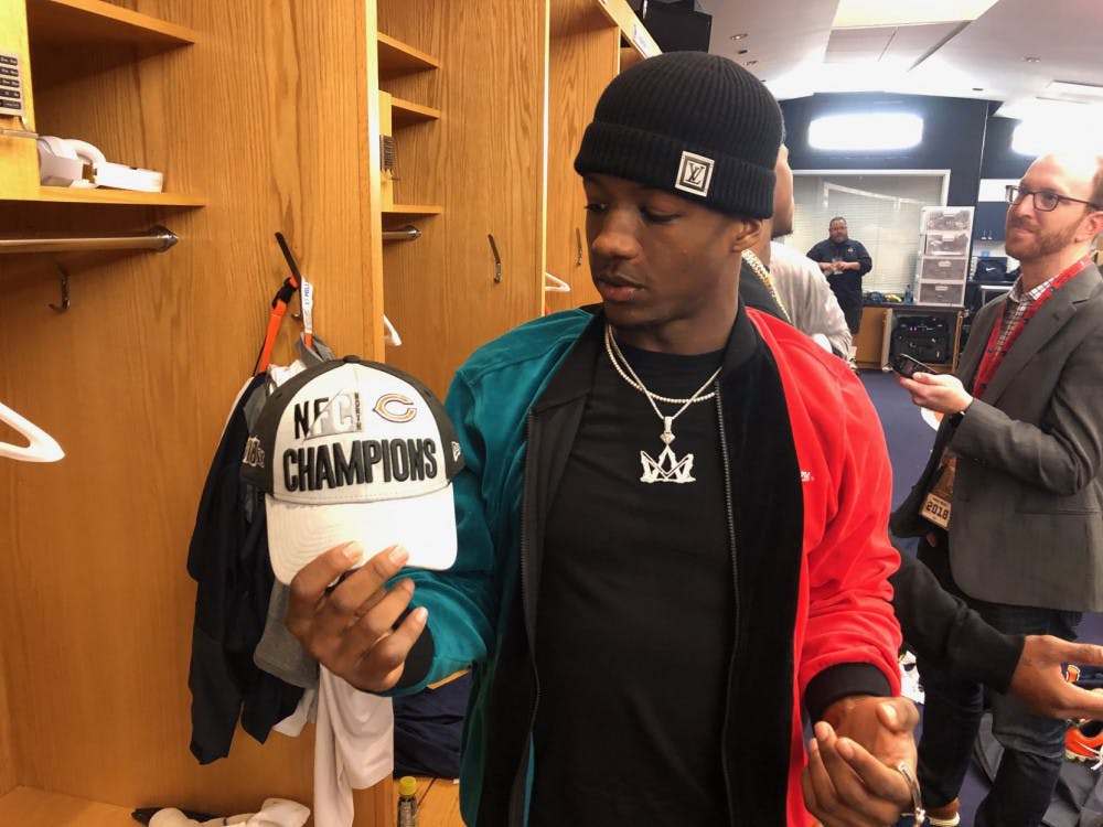 <p class="p1"><span class="s1"><strong>Former Memphis football player Anthony Miller shows off his NFC championship hat. Miller was drafted to the Chicago Bears in 2018.</strong></span></p>