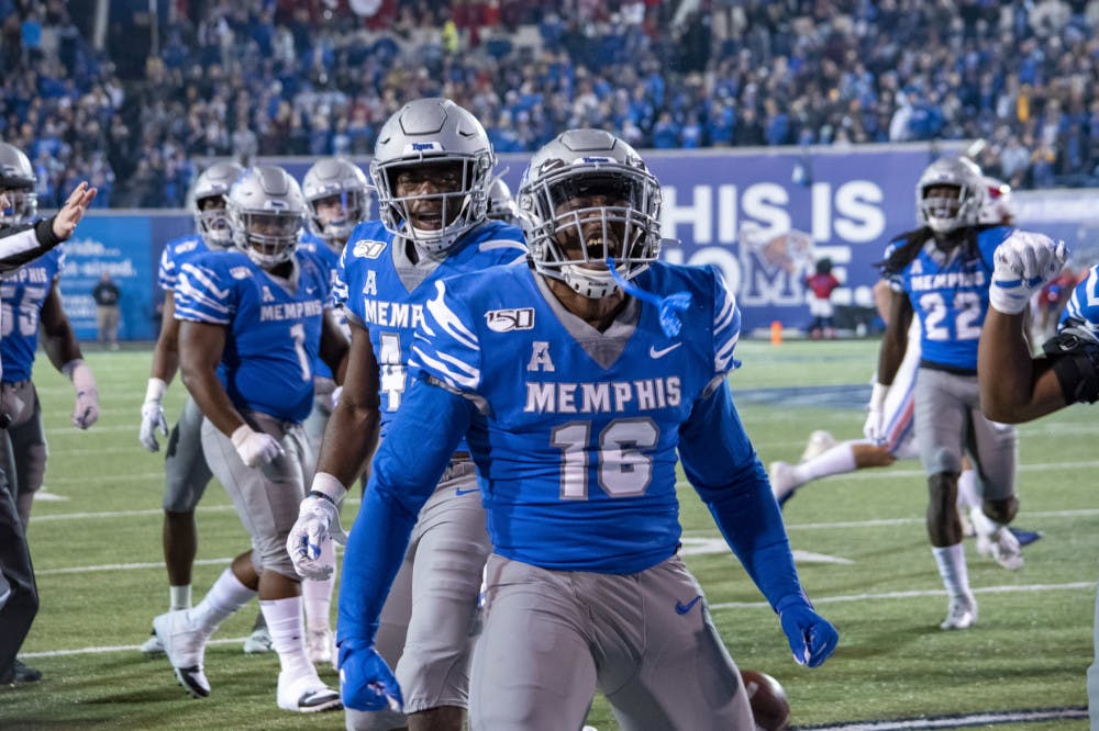 <p>Augustus Nehemia celebrates a tackle on a special teams play. Memphis defeated No. 15 SMU 54-48. (Frank Ramirez/Daily Helmsman)</p>