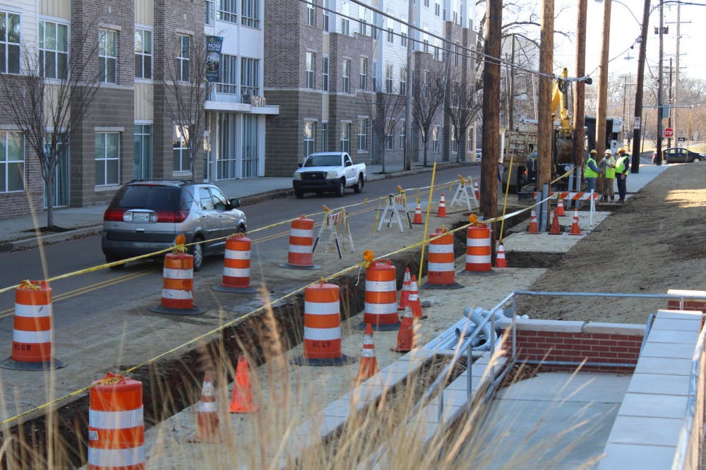 <p>With a trench in the middle of the lane, construction is still ongoing during the Spring 2018 semester. Cars had no choice but to go around the site.</p>