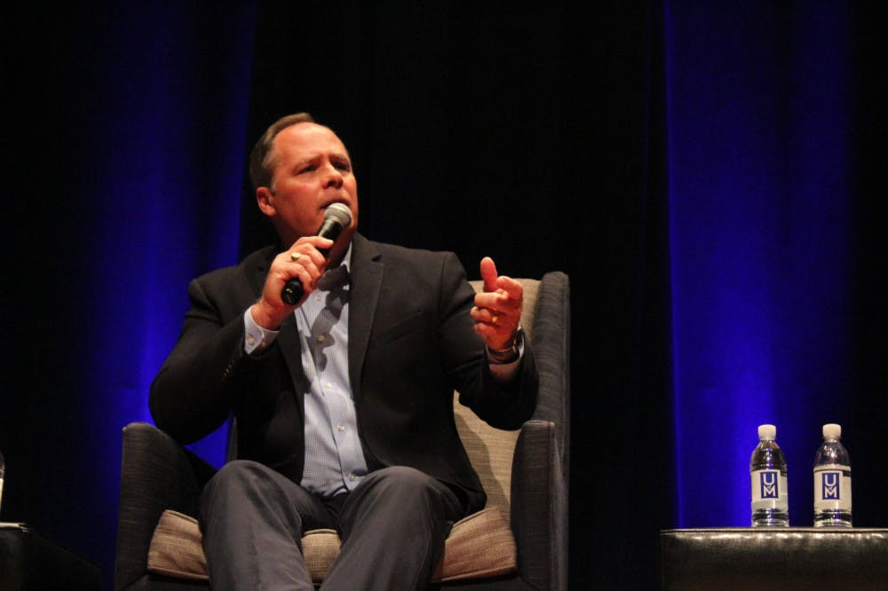 <p>University of Memphis President M. David Rudd addresses students during an open conversation in the UC Theatre Oct. 18&nbsp;</p>