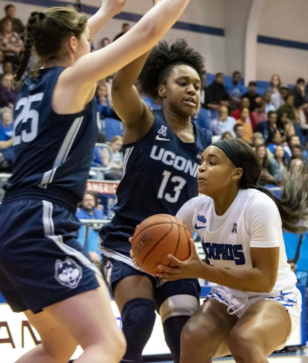 <p>Jamirah Shutes looking to pass to a teammate while being double teamed. The Memphis Tigers dropped a close 68-56 decision against the No. 4 UConn Huskies at the Elma Roane Field House Tuesday night.&nbsp;</p>