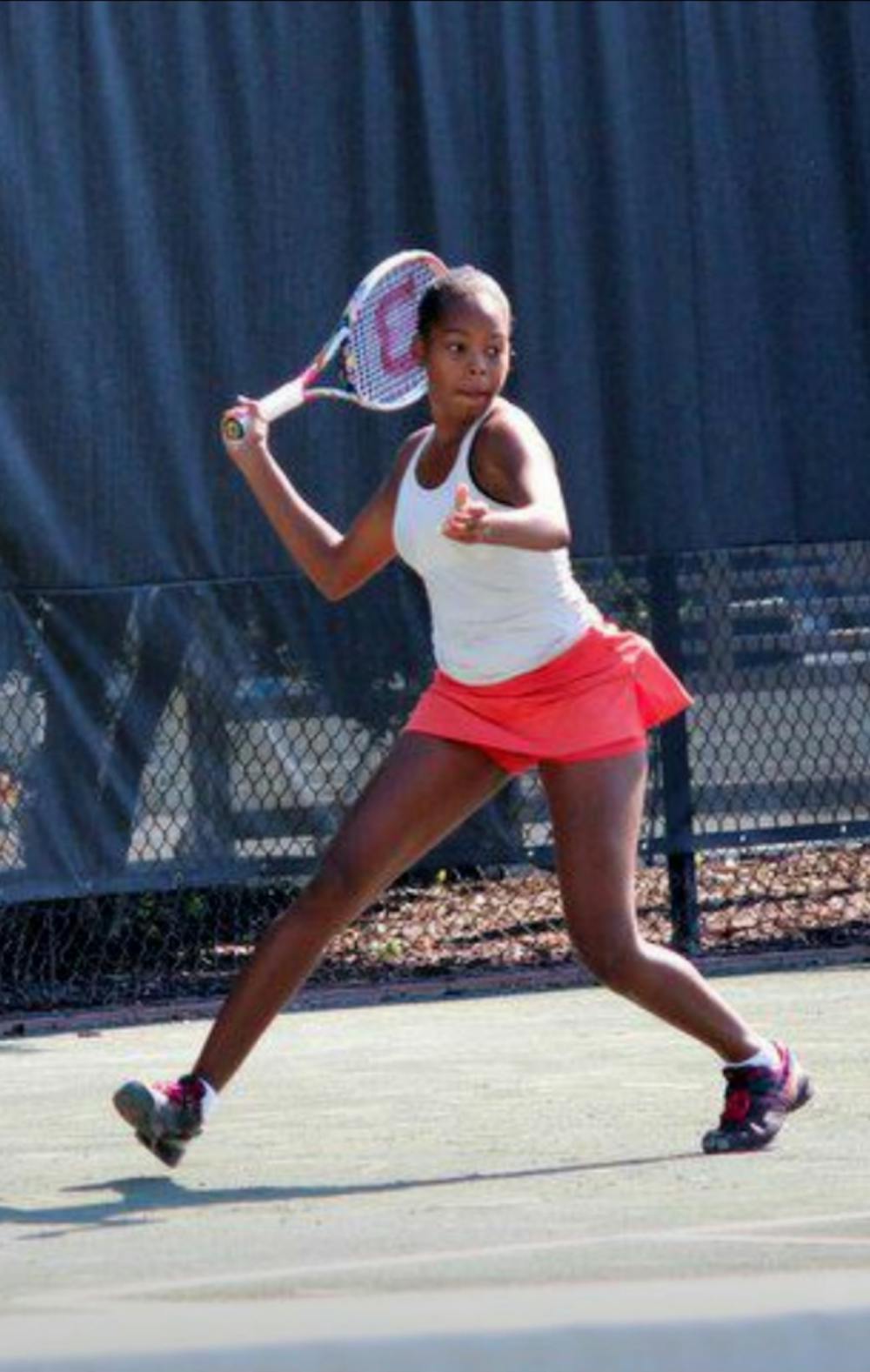 <p>U of M alumna Epiphany Turner gets set to return a ball. Turner was diagnosed with lupus and had to stall her dream of continuing to play professional tennis.</p>
