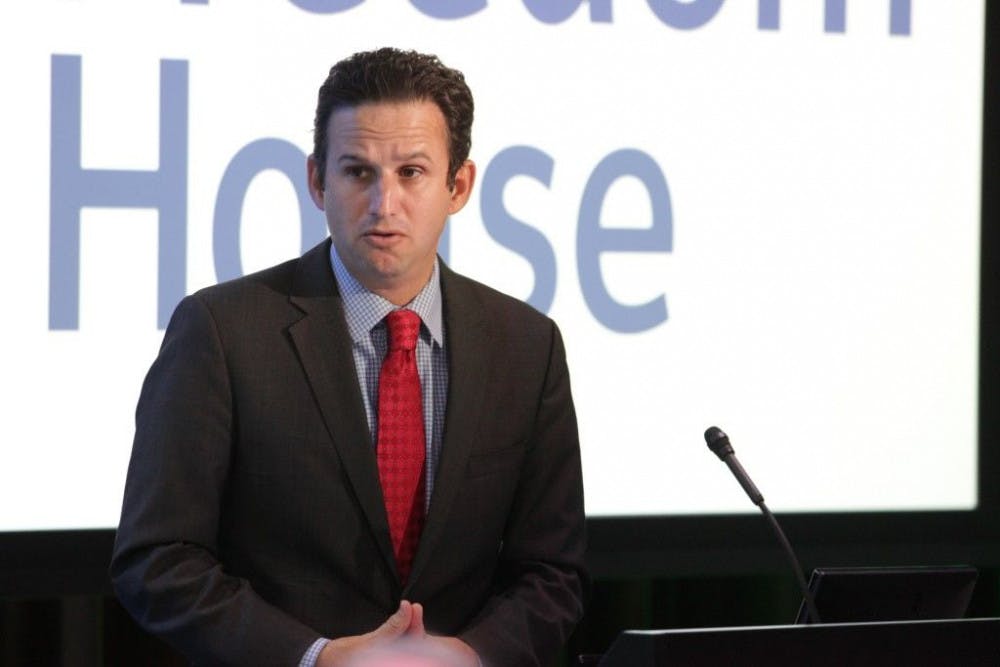 <p><span class="c1">At the launch of Freedom on the Net 2015 report on Wednesday, Sen. Brian Schatz, D-Hawaii, says that a distinction should be made between government sanctioned surveillance programs for national security purposes and monitoring solely for the purpose of political intimidation and repression. SHFWire photo by Kelvin Suddason</span></p>