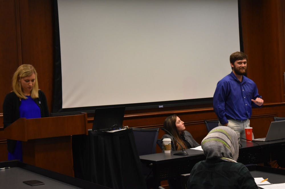 <p>Garret Barnes, speaker of the Student Government Association, addresses SGA senators about his plans for Up 'Til Dawn. This Feb. 1 meeting was the first of the spring semester and began with U of M President M. David Rudd addressing concerns of senators.</p>