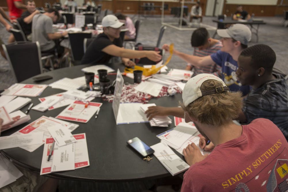 <p>Students write letters asking for donations to St Jude. This event was sponsored by Up 'til Dawn, a collegiate fundraising organization for St. Jude Children's Research Hospital.</p>
