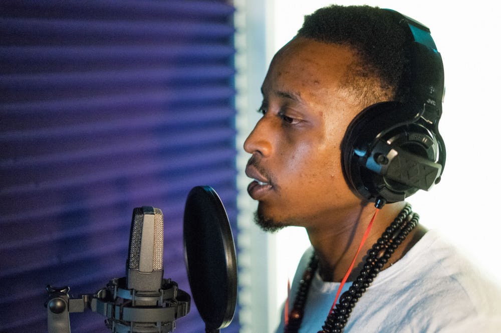 <p>University of Memphis artist, Larry Morris, known as “King Clover,” records his latest song titled, “We the Realest,” in West Memphis, Arkansas after class Wednesday. King Clover says that he is exploring a new sound and plans to drop some new music this season. He is recording his music at One Sound Studio.</p>