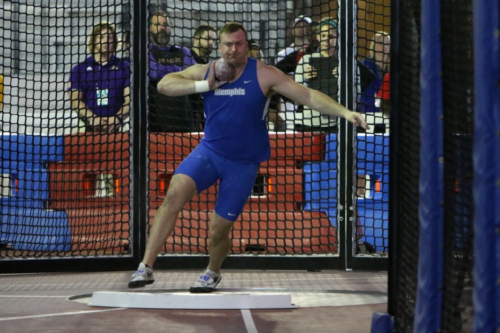 <p>Luke Vaughn performs at the American Athletic Conference Indoor Track and Field Championships. During the KMS Invitational, he&nbsp;set the record in the men's shot put. (Credit-Michael Wade of Go Tigers Go)</p>
