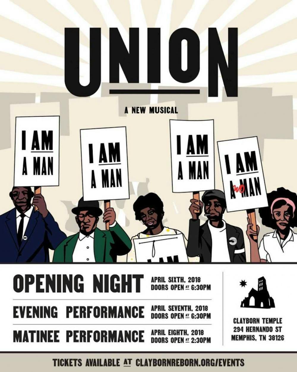 <p>A promotional flyer for "Union: A Musical" includes a drawing of participants holding iconic I AM A MAN posters during the Sanitation Strike. The flyers list the musical's schedule.&nbsp;</p>