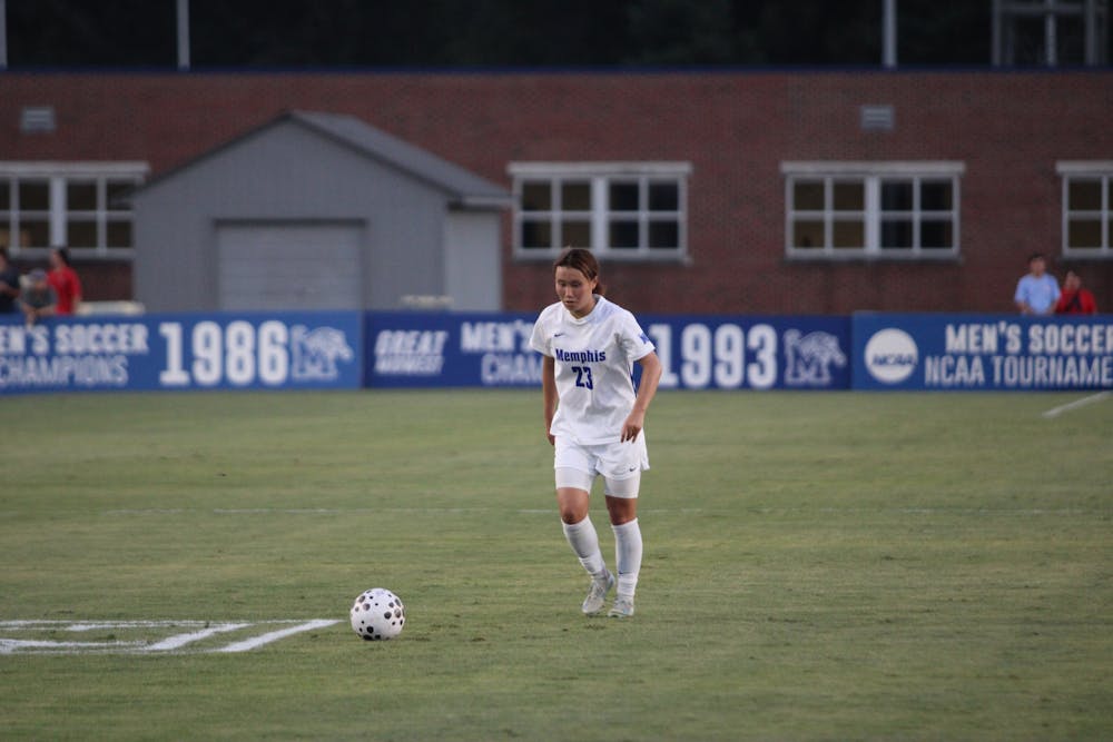 Memphis midfielder Ai Kitagawa lines up for a free kick in the first half of Memphis' 3-2 win against Ole Miss at the Track and Soccer Complex at the University of Memphis on August 17, 2025.