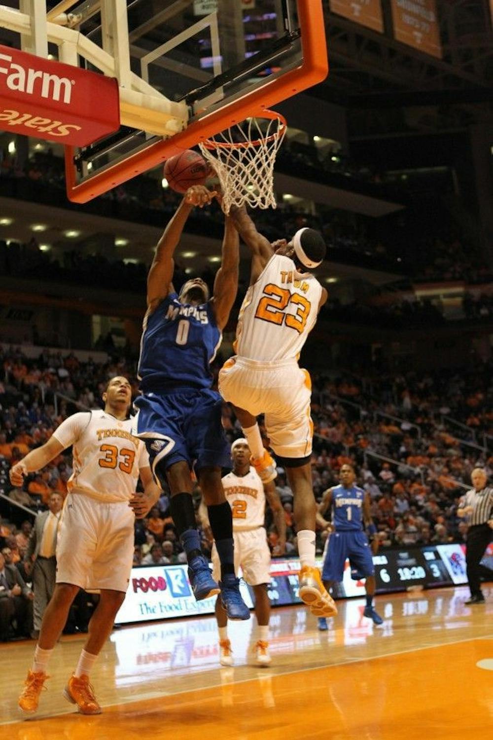 <p>Will Coleman (0) goes up for the ball against Tennessee in 2011. Monday Memphis Head Coach Penny Hardaway and Tennessee Head Coach Rick Barnes announced the two teams will play a three-game series, starting in the 2018 season.</p>