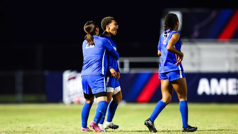 Ashley Henderson celebrates with her teammates after scoring the late winner in Memphis' 1-0 victory over ECU in the American Conference quarterfinals Monday night in Florida.