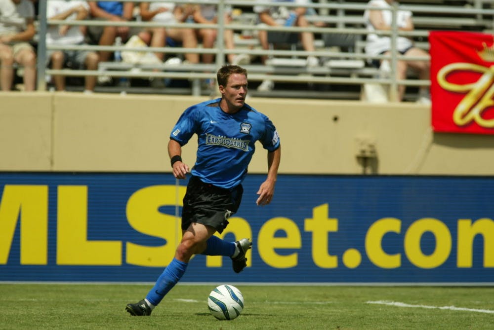 <p>Current Memphis Tigers men’s soccer coach Richard Mulrooney in action for the San Jose Earthquakes in the 2003 MLS Cup Final, he scored a goal in the Earthquakes’ triumph.&nbsp;</p>