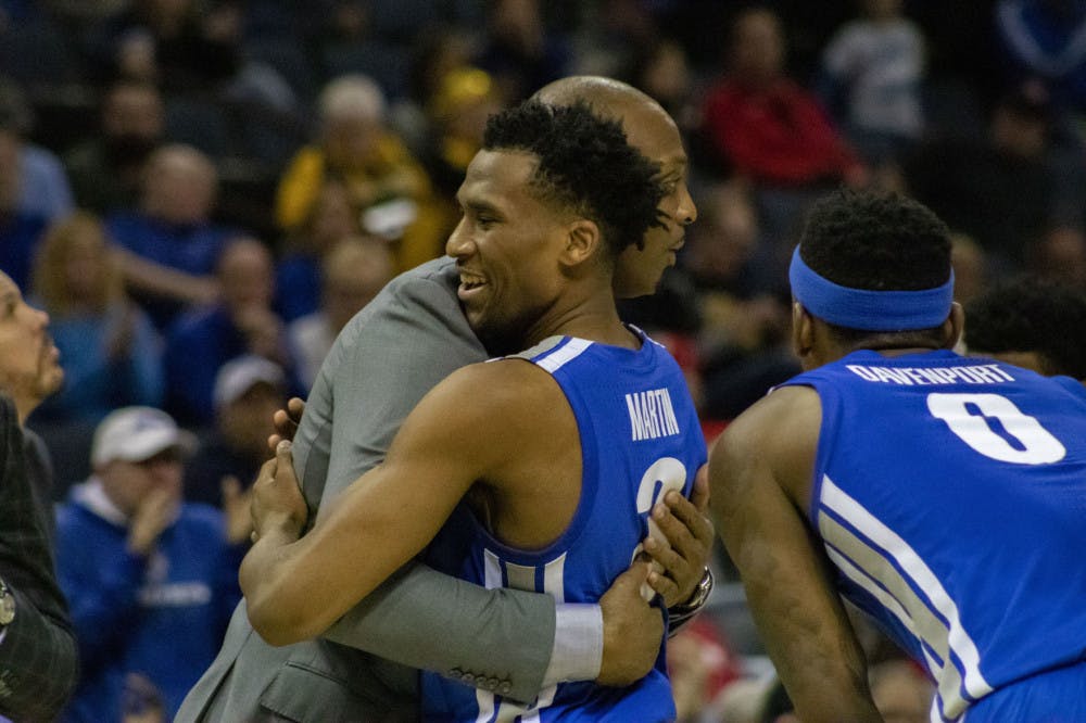 <p>Penny Hardaway and Jeremiah Martin embrace earlier in the season. Memphis tried everything to come back against Houston, but it wasn't enough.</p>