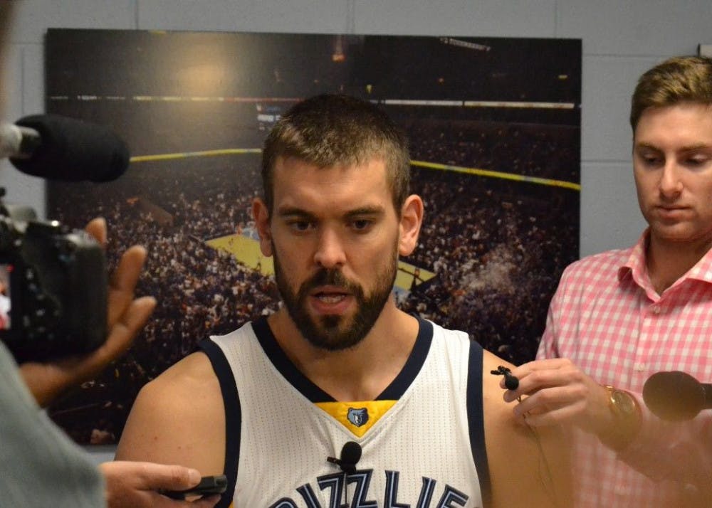 <p>Marc Gasol talks to the media during NBA Media Day last October. Gasol was named to the Western Conference All-Star team for the second time in his career this season. Photo by Jonathan A Capriel&nbsp;</p>