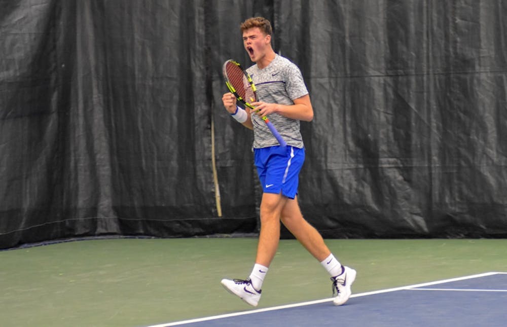 <p class="p1"><span class="s1"><strong>David Stevenson (above) and his doubles partner, Oscar Cutting, defeated USF’s Pierre Luquet/Barroso Campos. Stevenson/Cutting won the match 6-2, marking the duo’s fourth win against a ranked opponent.<span class="Apple-converted-space">&nbsp;</span></strong></span></p>