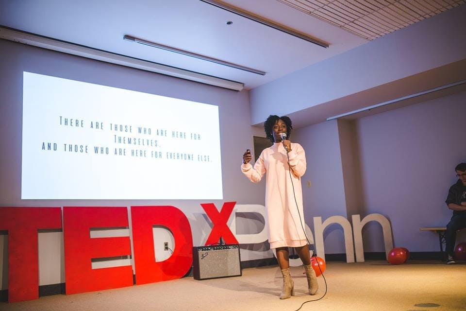 Araba Ankuma (C’17) speaks about her photography work at the TEDxPenn launch party.&nbsp;