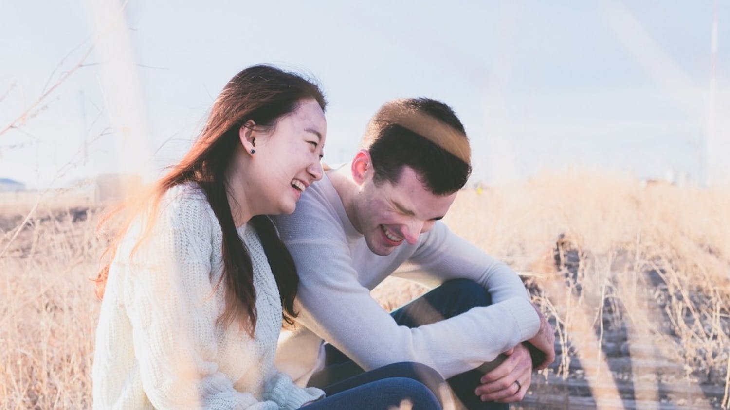 Happy Couple Man Laughing People Grass Lovers