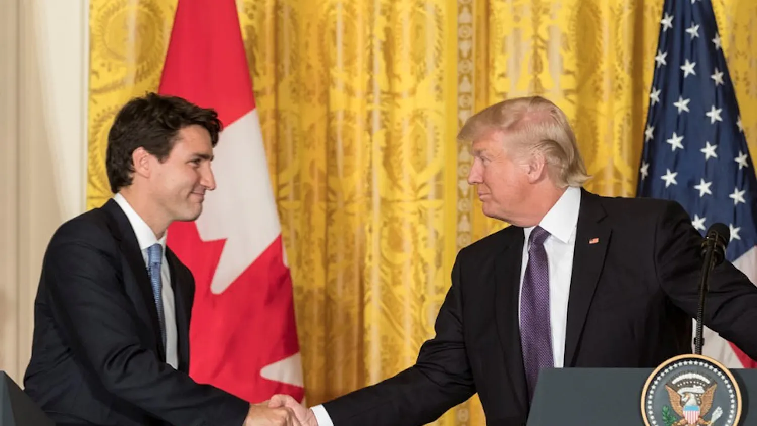 President Donald Trump and Canadian Prime Minister Justin Trudeau shake hands during a joint press conference, Monday, Feb. 13, 2017, in the East Room of the White House. (Official White House Photo by Shealah Craighead)
