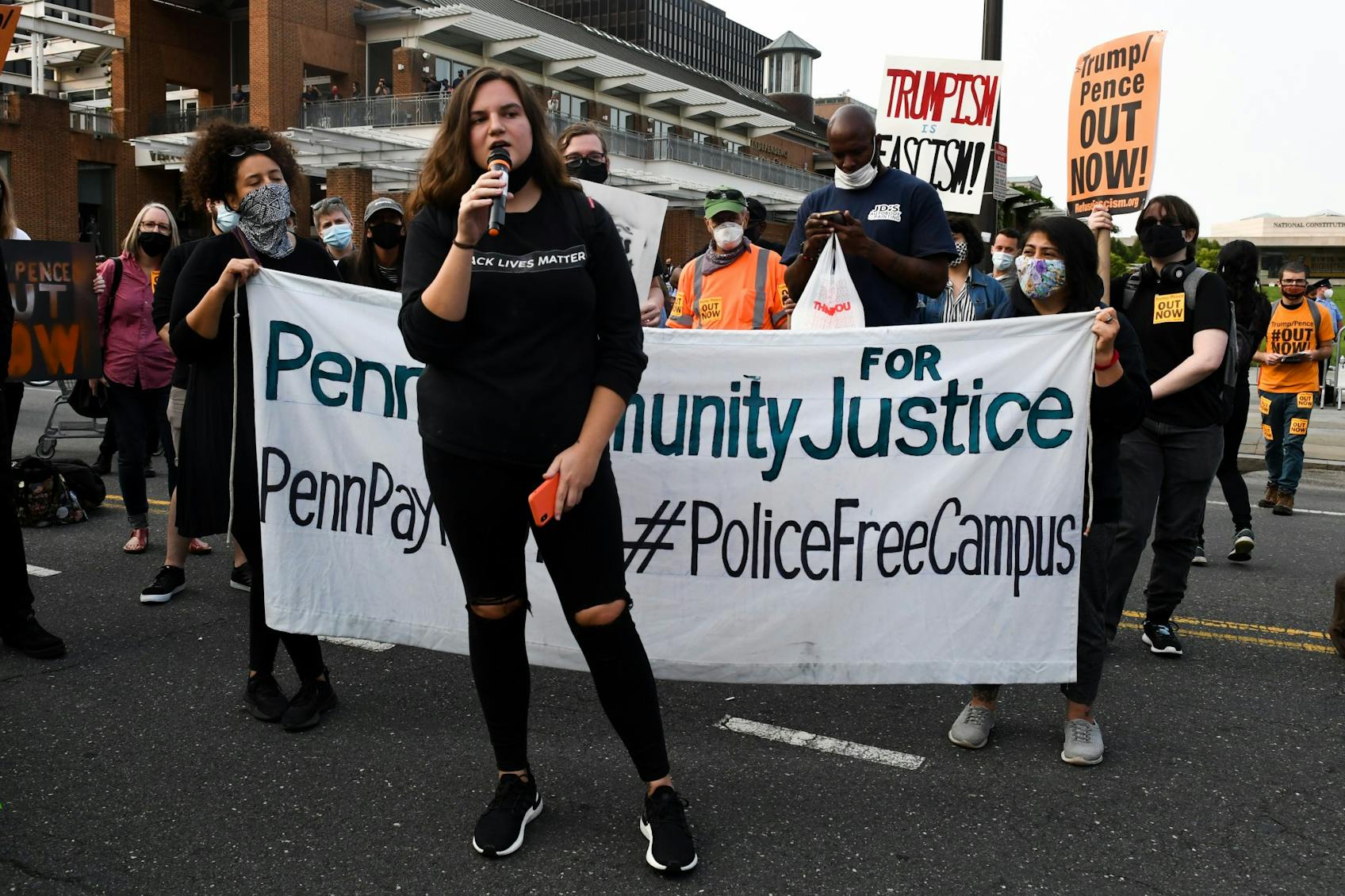 09-15-20 Donald Trump Protest Philadelphia Townhall Election Vote Penn Community for Justice Group Sarah Speaker.jpg
