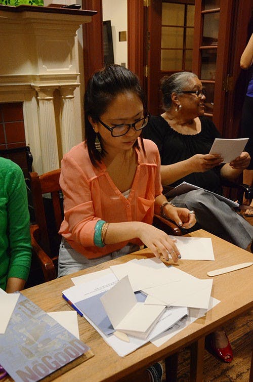 On Wednesday night, the Kelly Writer's House hosted a Bookbinding Workshop lead by Henry Steinberg,a 2013 College graduate. Participants learned the art of bookingbinding from Steinberg and his "No Good Guide to Basic Bookbinding" and left with four handmade books. 