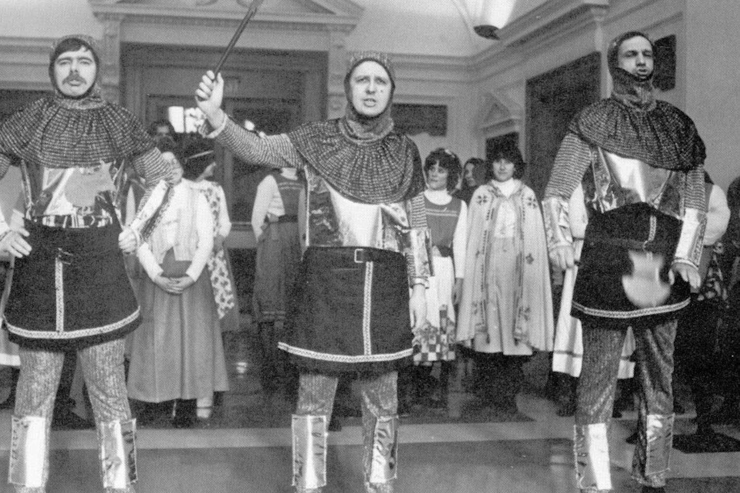 Former Penn Law professors (from left to right) Alan Cathcart, Morris Arnold and Paul Bender participate in a 1980 Light Opera Company production of “Princess Ida.” The Light Opera Company has been putting on a show annually over the past 35 years.